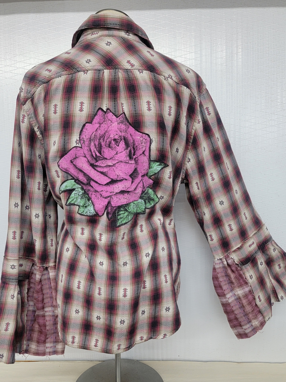 Vintage Ranch Shirt With Gypsy Bell And Rose - Handcrafted Upcycled